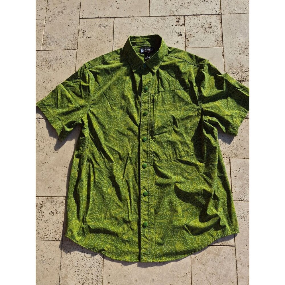 Alaskan Hardgear Topographic Contour Map Short Sleeve Snap Shirt Green Yellow L